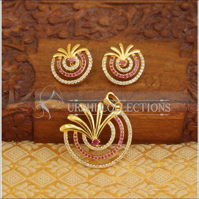 Designer CZ Gold plated pendant set M200 - RUBY AND WHITE - Pendant Set
