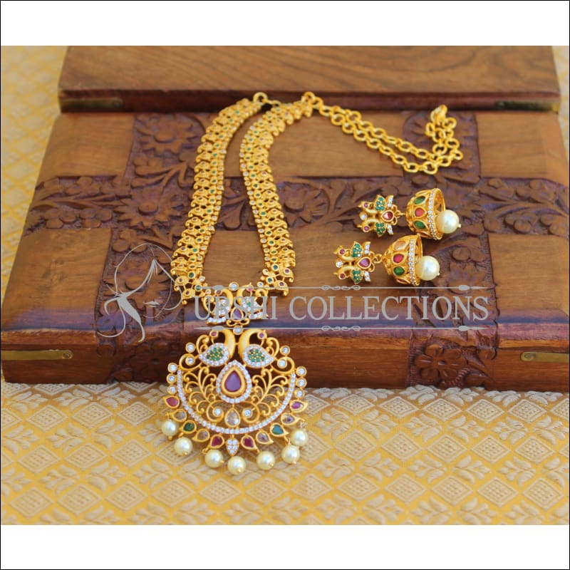 BEAUTIFUL CZ MATTE FINISH PEACOCK NECKLACE SET UTV188 - Necklace Set