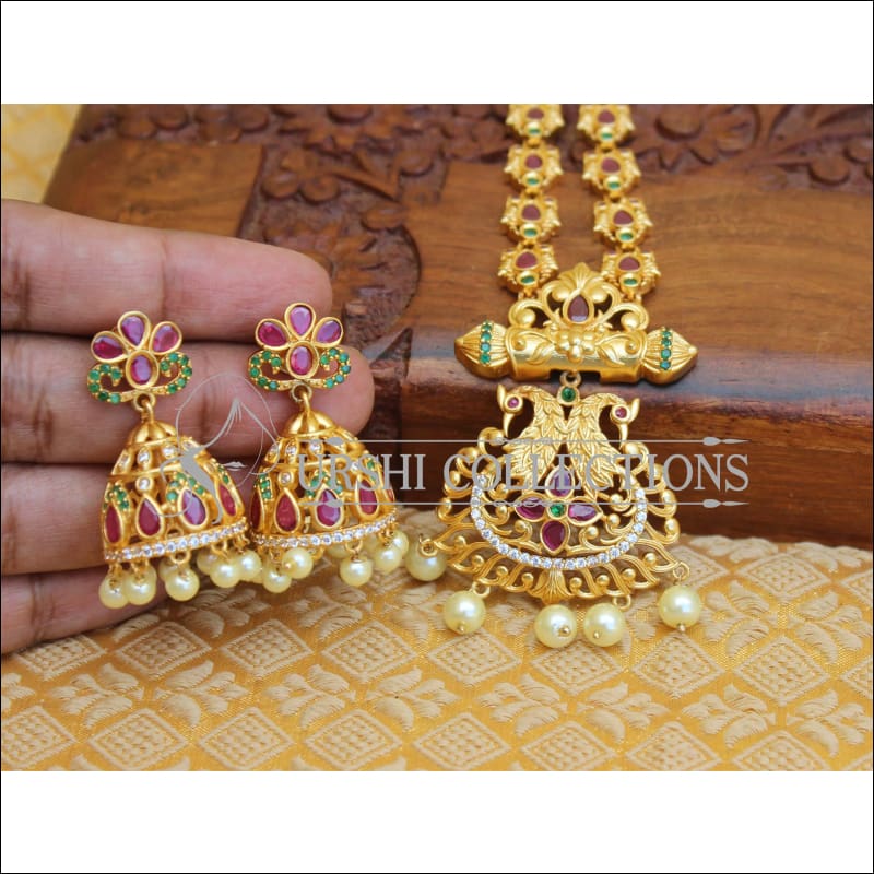 BEAUTIFUL CZ MATTE FINISH PEACOCK NECKLACE SET UTV189 - Necklace Set