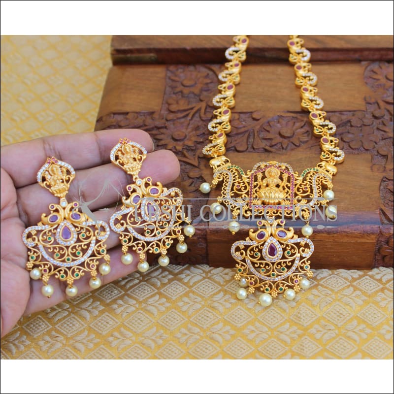 BEAUTIFUL CZ MATTE FINISH TEMPLE PEACOCK NECKLACE SET UTV186 - Necklace Set