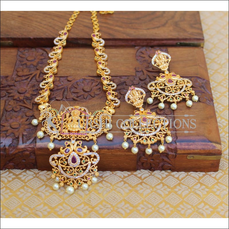 BEAUTIFUL CZ MATTE FINISH TEMPLE PEACOCK NECKLACE SET UTV186 - Necklace Set