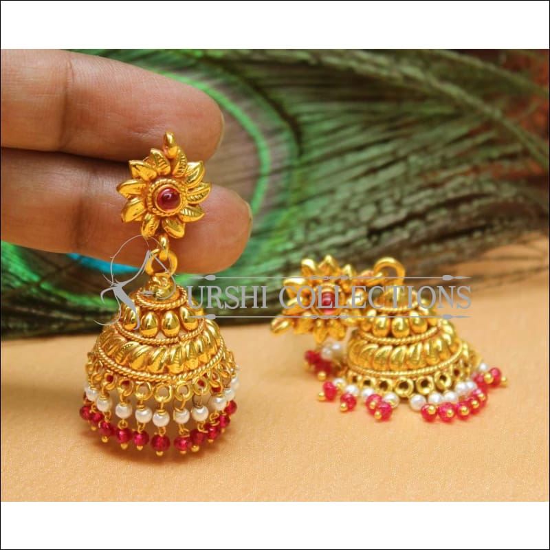 Designer Geru Polish Earrings Set UC-NEW995 - Ruby and White - Earrings