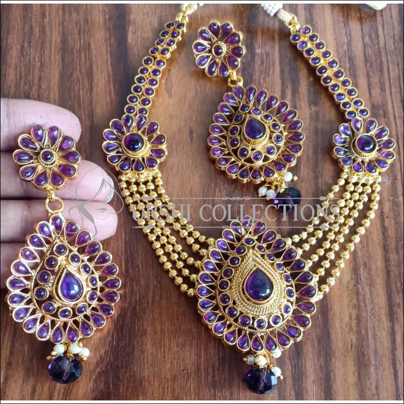 DESIGNER GOLD PLATED KEMPU NECKLACE SET UTV1094 - PURPLE - Necklace Set