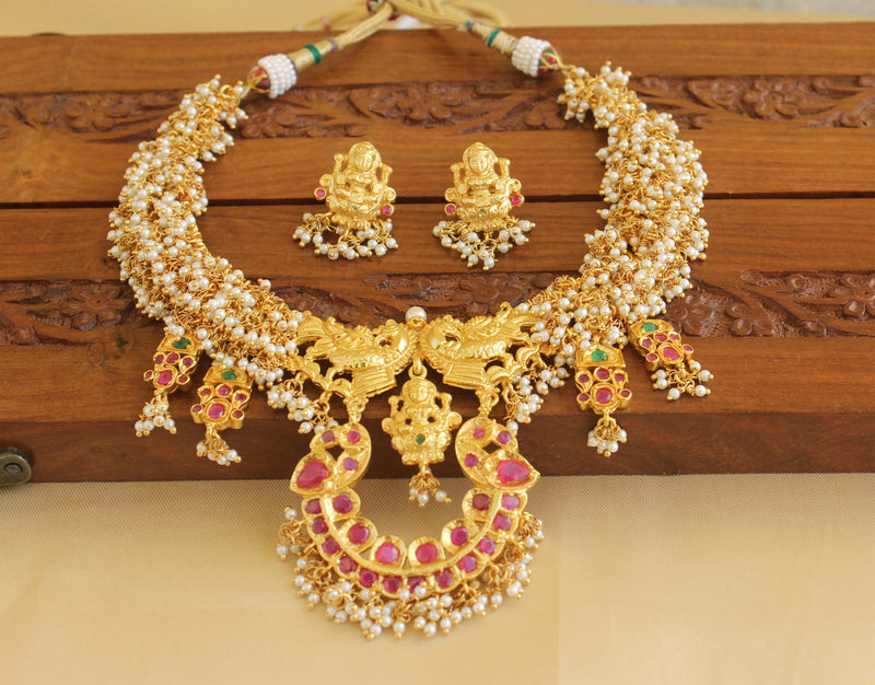 Designer Gold Plated Ruby Temple Peacock Necklace set M1947