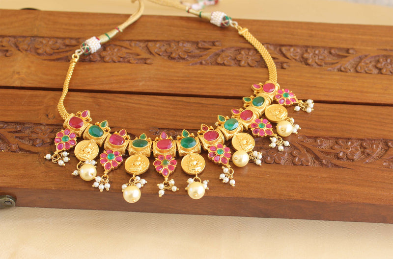 Designer Gold Plated Ruby Coin Lakshmi Necklace M1946