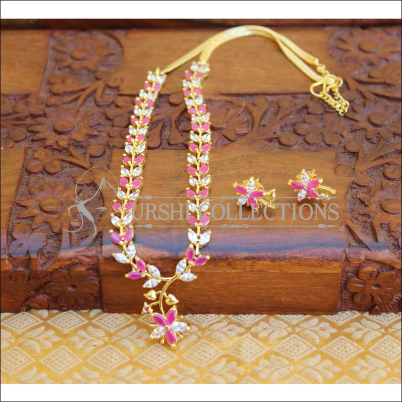 Designer Gold plated CZ Necklace set M825 - pink - Necklace Set