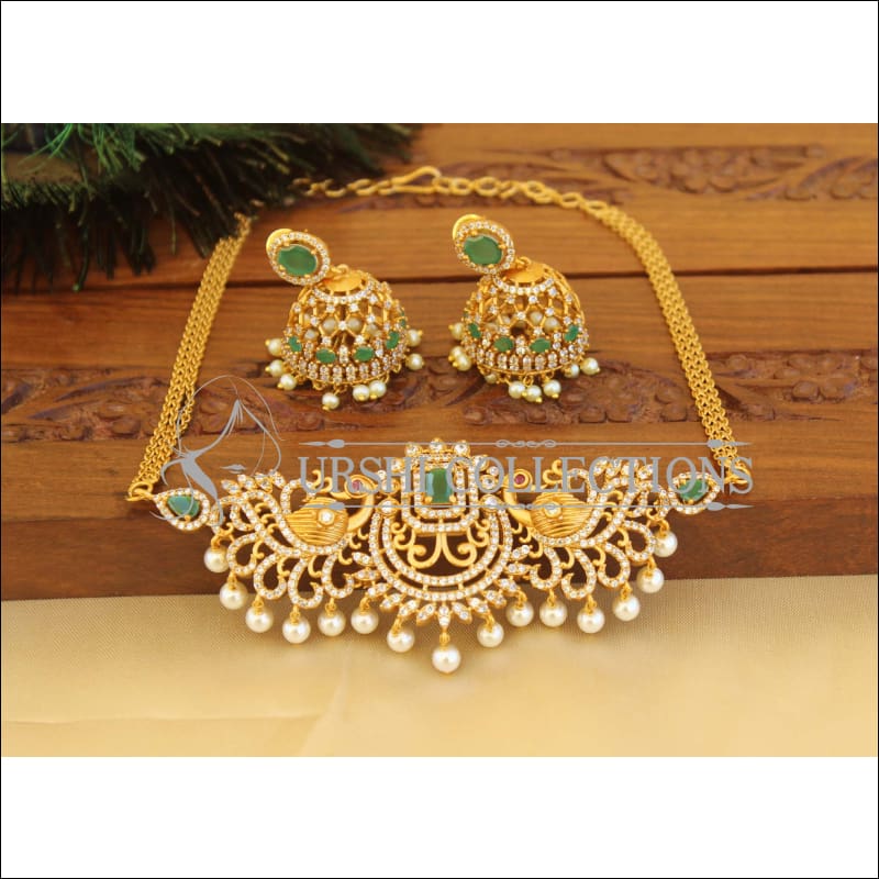 Designer Gold plated CZ Peacock Necklace set M1223 - green - Necklace Set