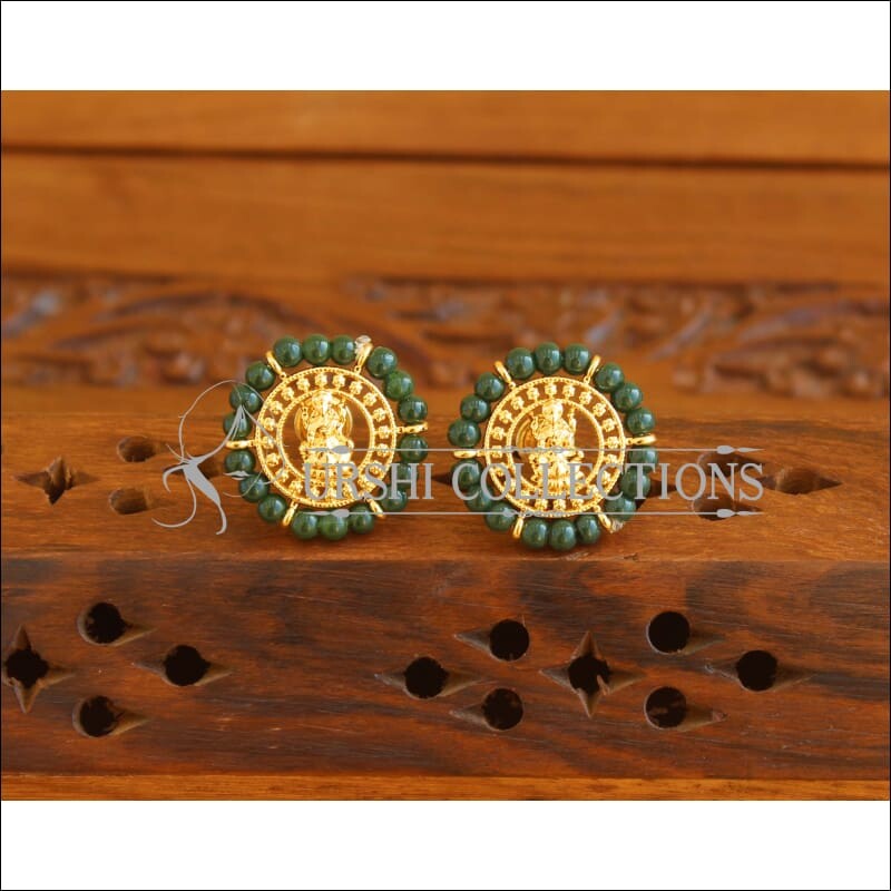 Designer Gold Plated Green Pearl Temple Earrings M1995 - Earrings