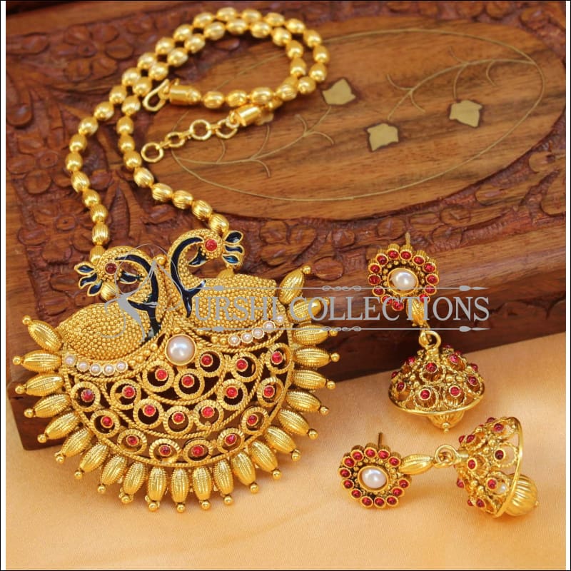 Designer Gold Plated Peacock Pendant Set UC-NEW2722 - Ruby&White - Pendant Set