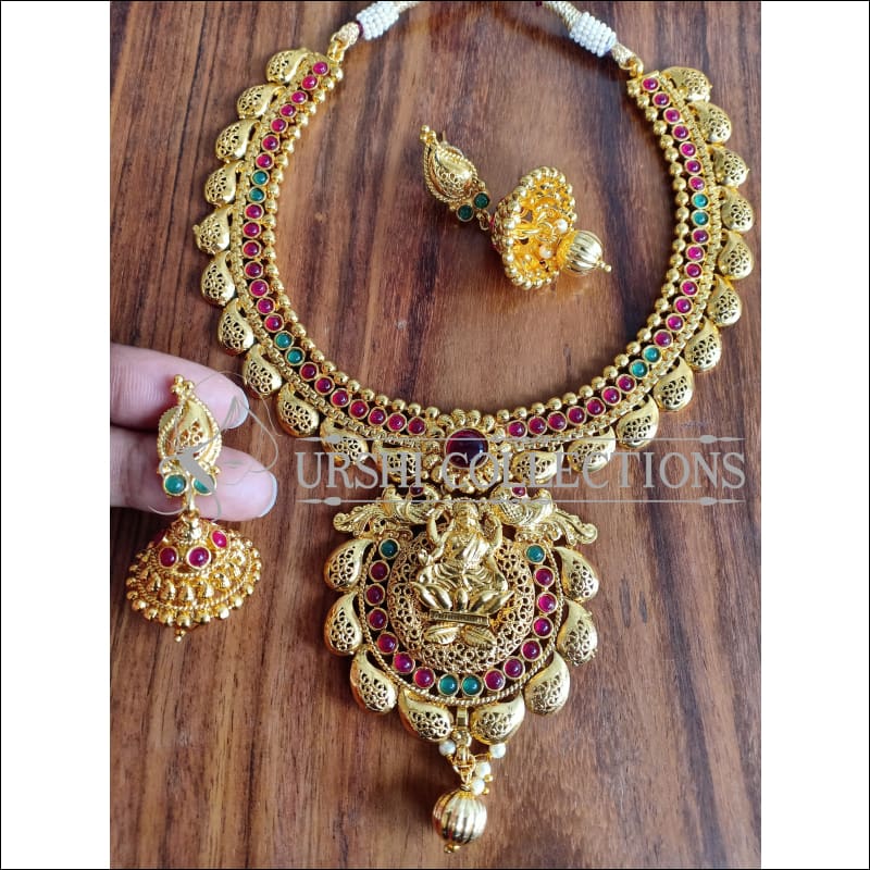 DESIGNER GOLD PLATED TEMPLE NECKLACE SET UTV1032 - Necklace Set