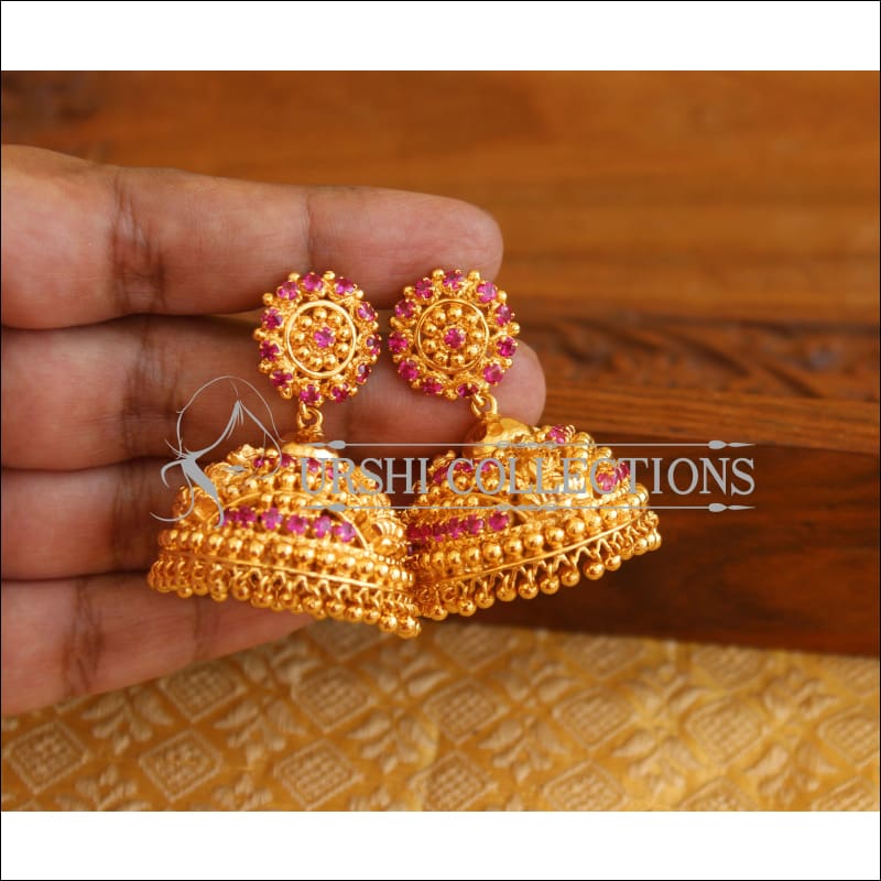 Gold tone white stone red palakka Kerala style earrings dj-41064 –  dreamjwell