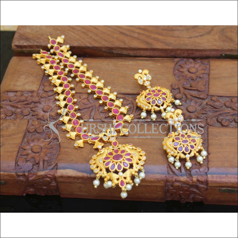 Matte Finish Kempu Peacock Necklace Set M1544 - Necklace Set