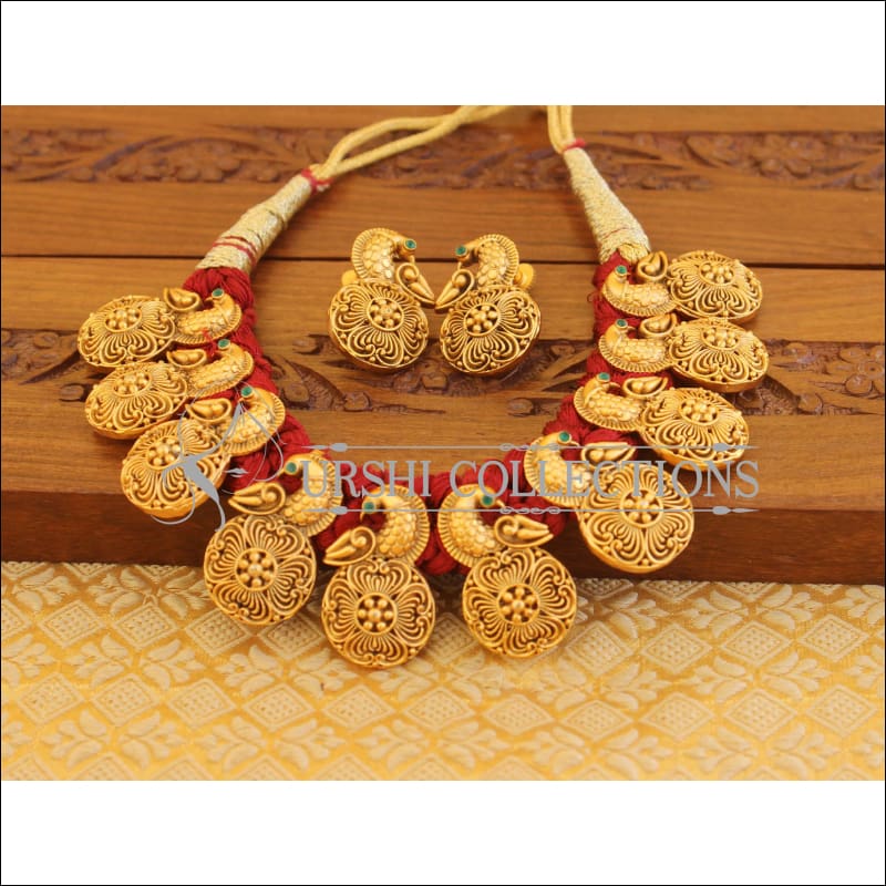 Matte Finish Red Thread Peacock Necklace Set M1319 - Necklace Set