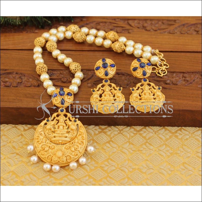 Matte Finish Temple Lakshmi Necklace set M1264 - Blue - Necklace Set