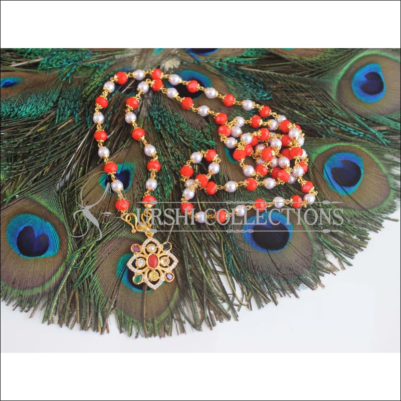 Navaratna Pendant with Coral Beads Long Chain U-42 - necklace