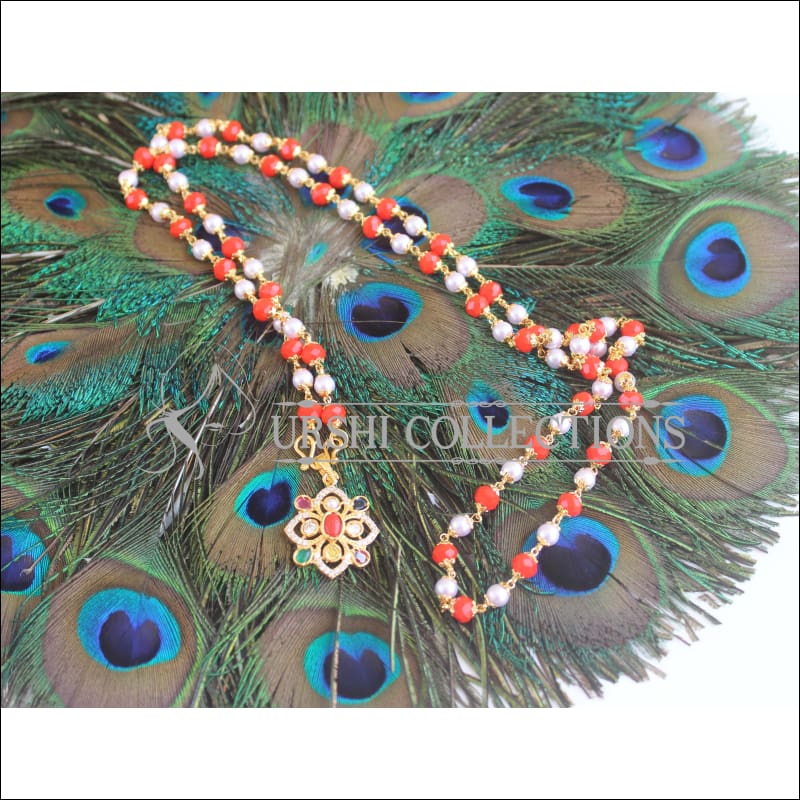 Navaratna Pendant with Coral Beads Long Chain U-42 - necklace