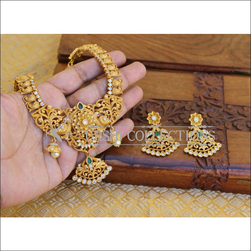 BEAUTIFUL CZ MATTE FINISH PEACOCK NECKLACE SET UTV187 - Necklace Set