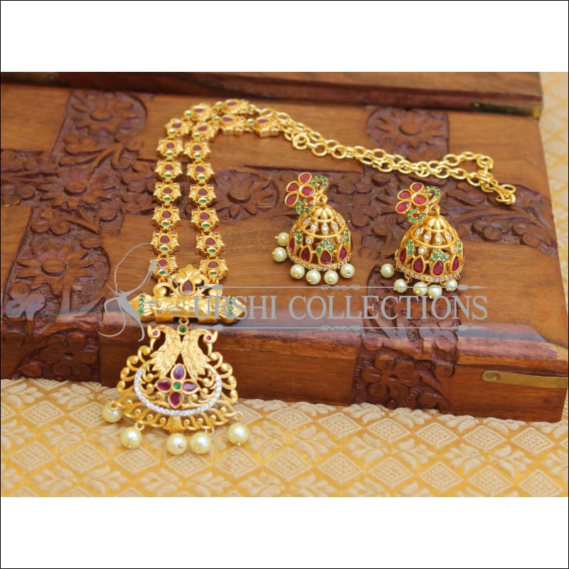 BEAUTIFUL CZ MATTE FINISH PEACOCK NECKLACE SET UTV189 - Necklace Set