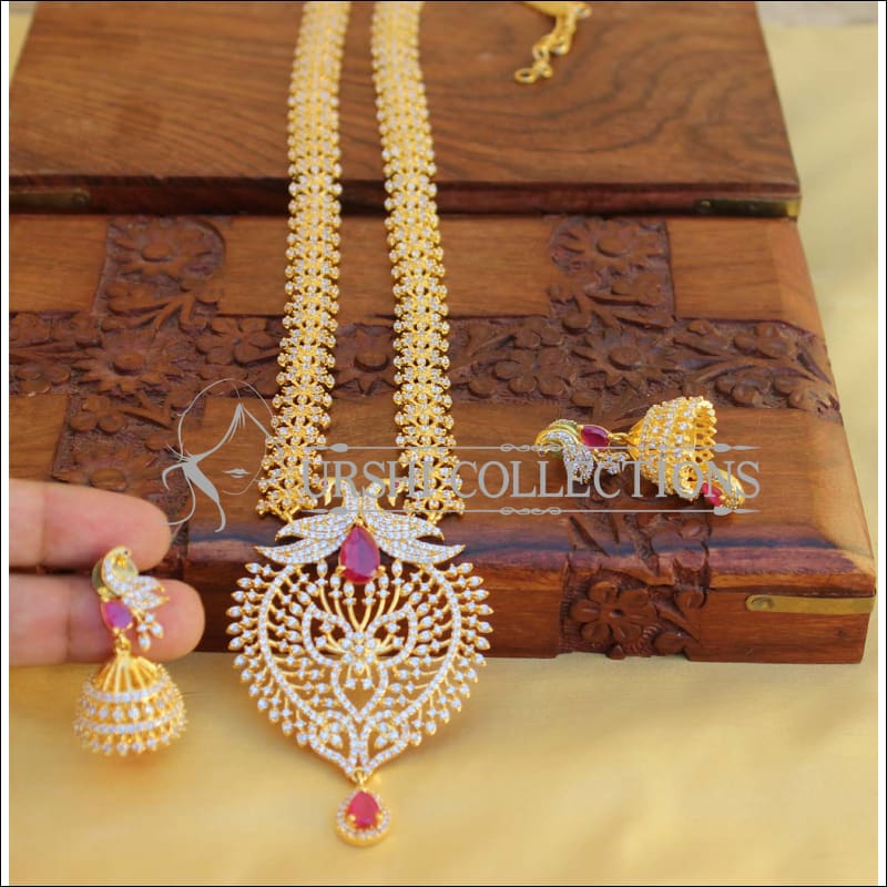 BEAUTIFUL DESIGNER CZ PEACOCK NECKLACE SET UTV443 - Necklace Set