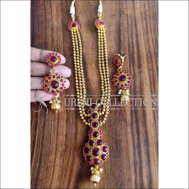 BEAUTIFUL GOLD PLATED KEMPU MULTY LAYER NECKLACE SET UTV898 - RUBY - Necklace Set