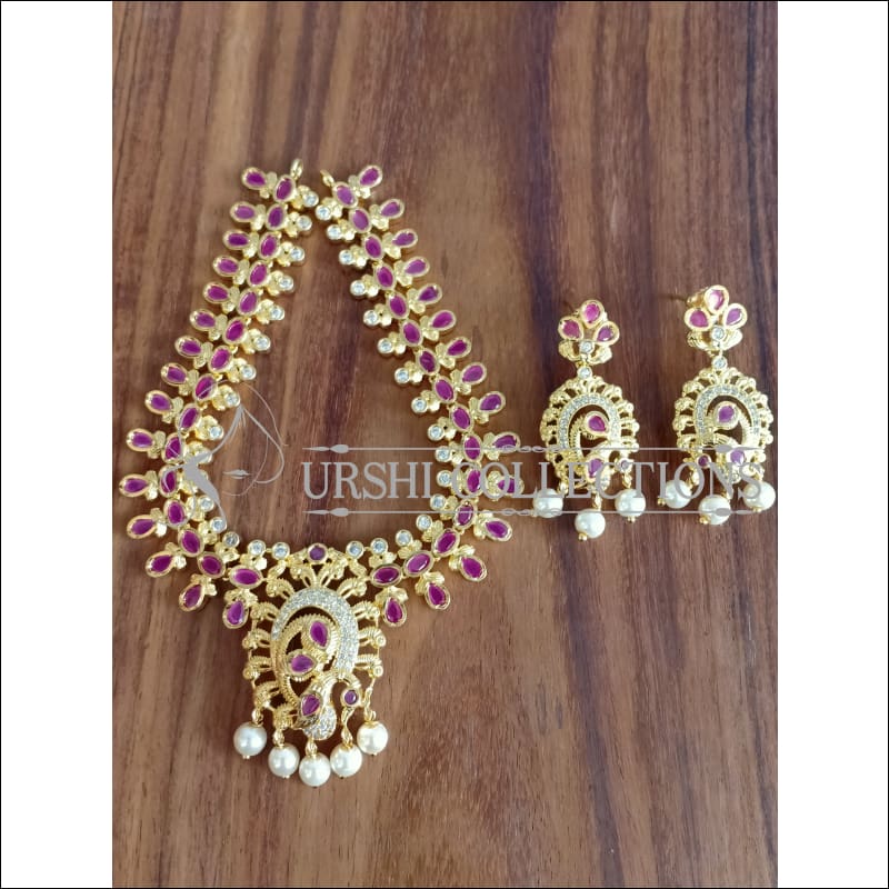 BEAUTIFUL GOLD PLATED PEACOCK NECKLACE SET UTV1215 - WHITE &RUBY - Necklace Set