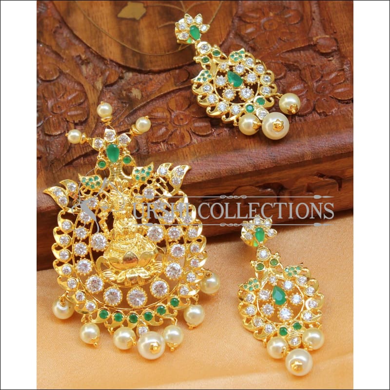 Beautiful Lakshmi CZ Pendant Set UC-NEW893 - White and Green - Pendant Set