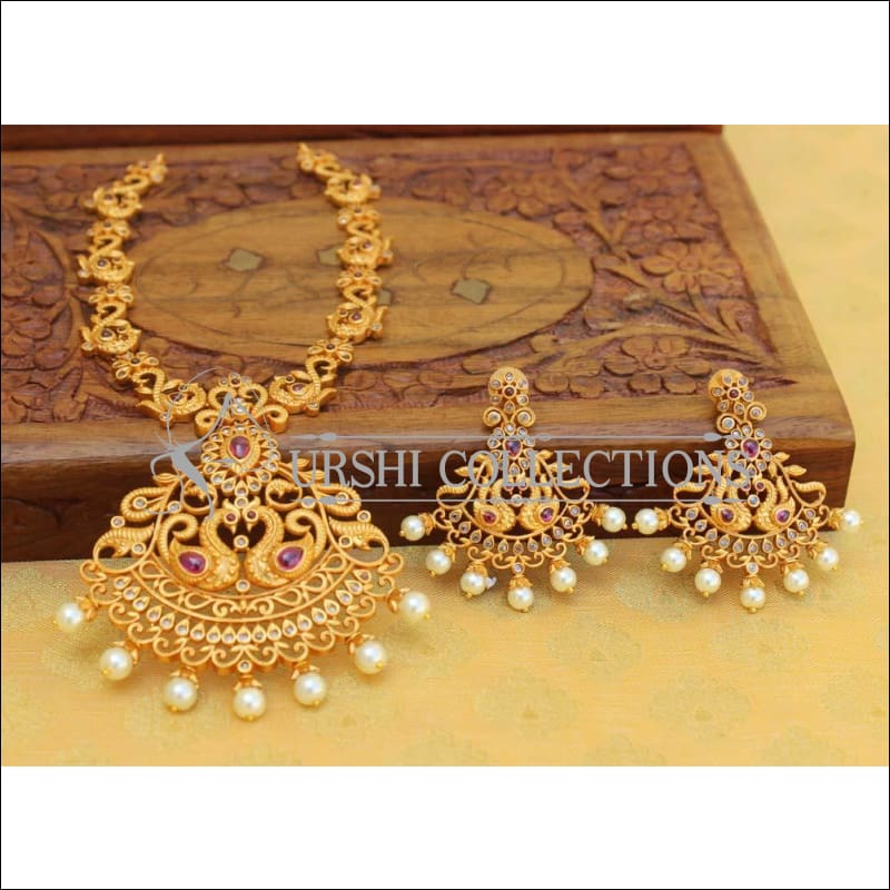 Beautiful Matte Finish Peacock Necklace Set UC-NEW260 - Ruby and White - Necklace Set