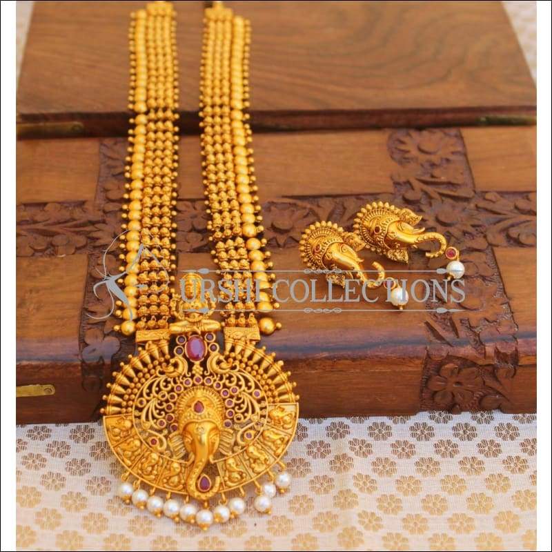 Beautiful Matte Finish Temple Necklace Set UC-NEW152 - Red - Necklace Set