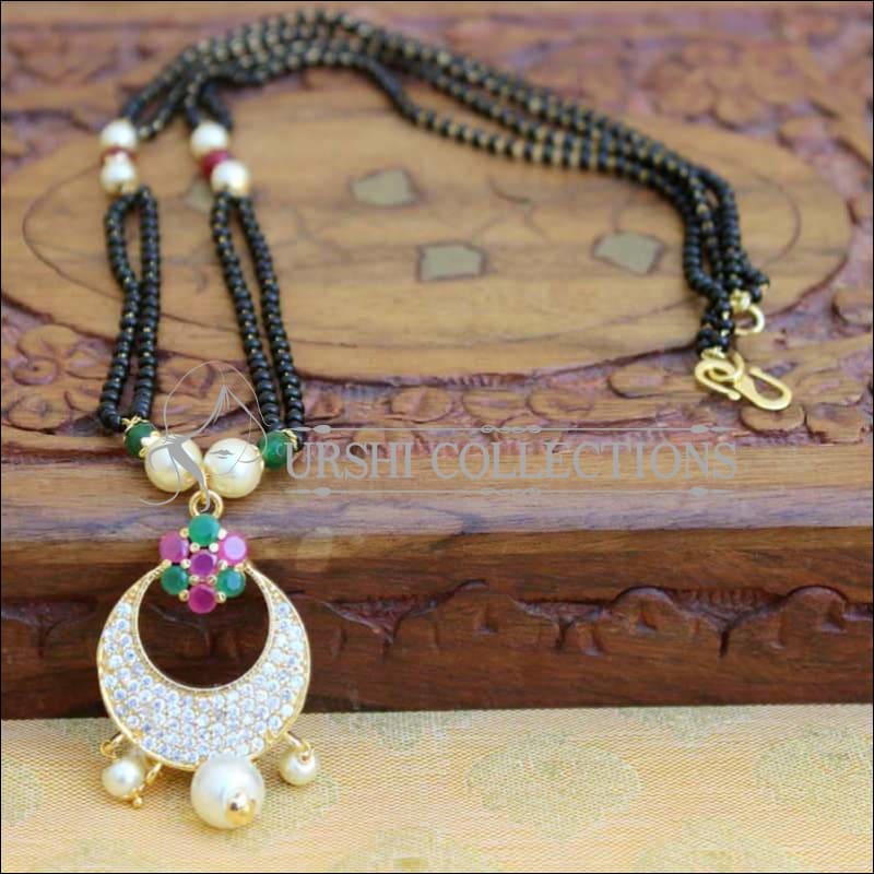 CZ Encrusted Floral Crescent Moon Pendant Mangalasutra - Multi - Mangalsutra