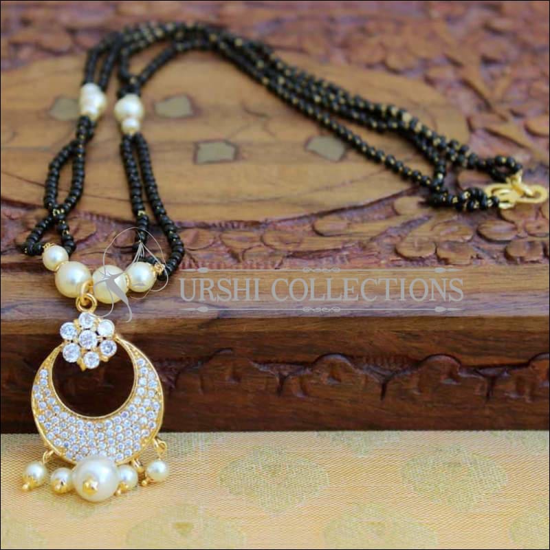CZ Encrusted Floral Crescent Moon Pendant Mangalasutra - White - Mangalsutra