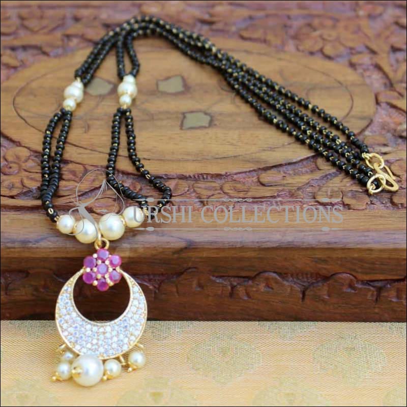 CZ Encrusted Floral Crescent Moon Pendant Mangalasutra - White & Pink - Mangalsutra