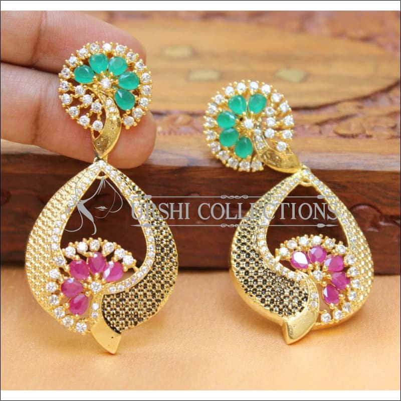 Designer CZ Earrings UC-NEW452 - Green & Pink - Earrings
