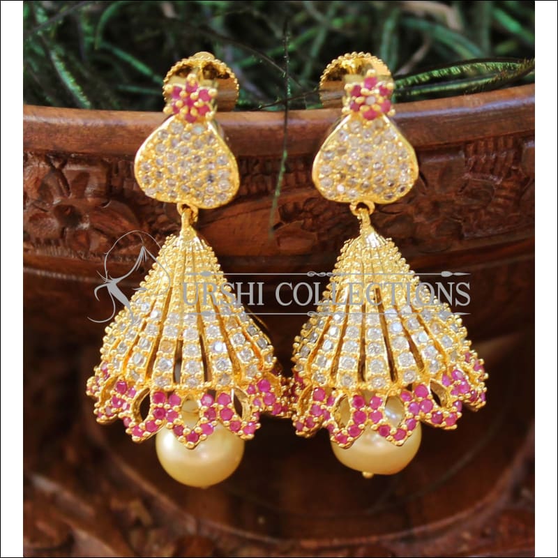 Gold Plated chandbali Jhumka Earrings | American Diamond CZ Bridal bal –  Indian Designs