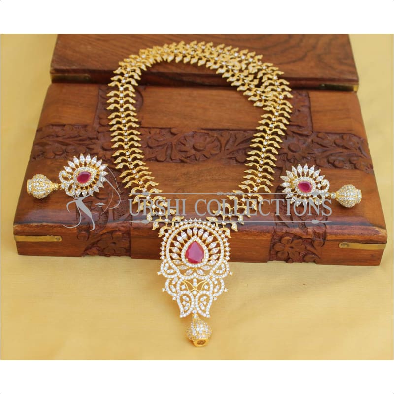 DESIGNER CZ JEWELLERY LONG NECKLACE SET UC-NEW31215 - Red - Necklace Set