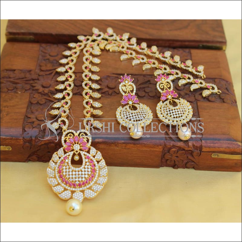 DESIGNER CZ JEWELLERY LONG NECKLACE SET UC-NEW3236 - Red - Necklace Set