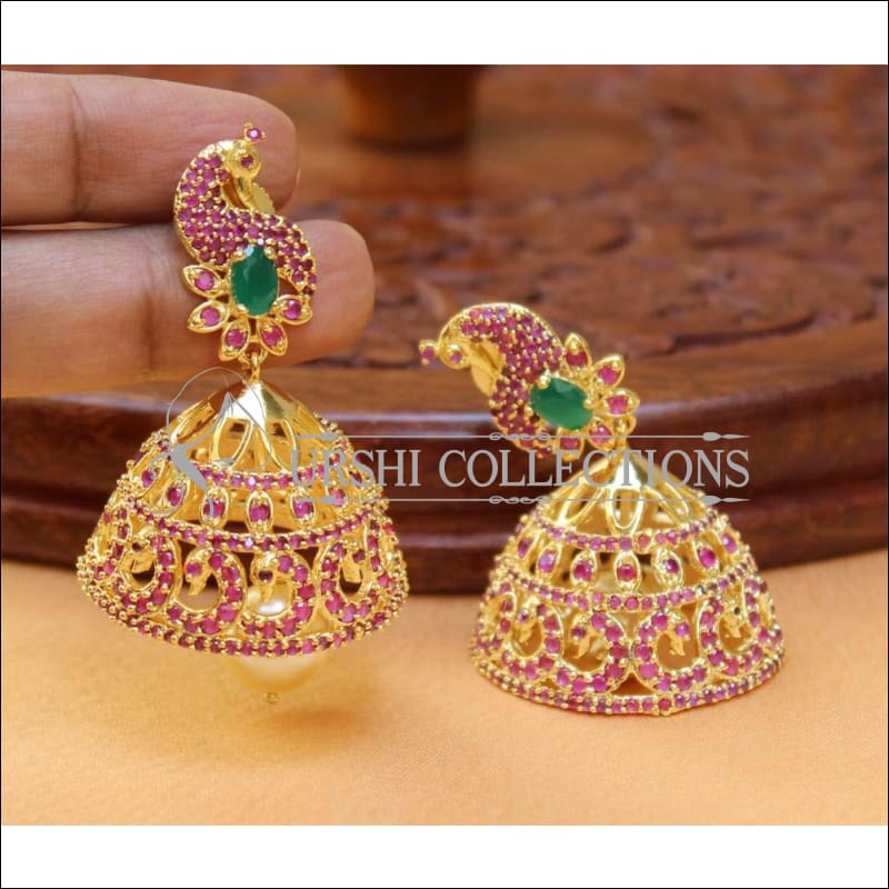 Designer CZ Peacock Earrings Set UC-NEW2225 - Ruby&Green - Earrings