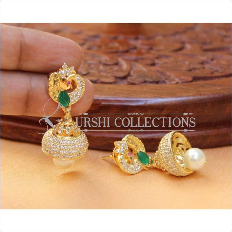 Designer CZ Peacock Earrings Set UC-NEW2228 - White&Green - Earrings