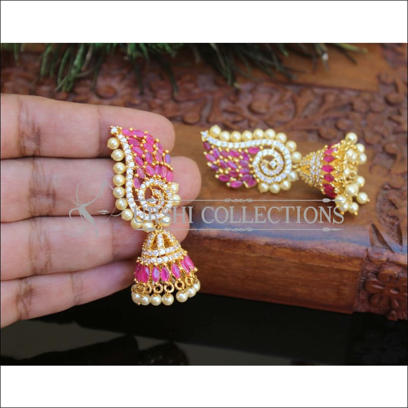 DESIGNER CZ PEACOCK GOLD PLATED EARRINGS M65 - RUBY AND WHITE - Earrings