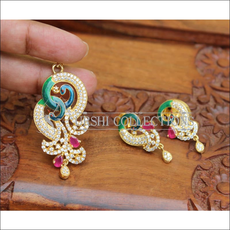 DESIGNER CZ PEACOCK PENDANT SET UTV387 - GREEN - Pendant Set