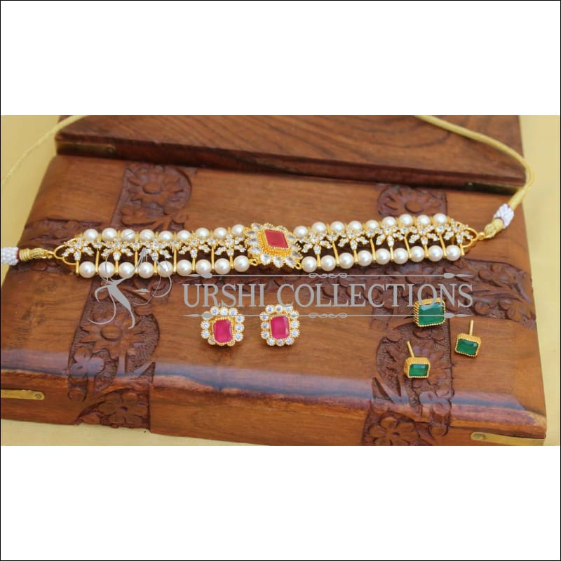 DESIGNER CZ PEARL NECKLACE WITH SCREW BACK EARRINGS UC-NEW2995 - Necklace Set