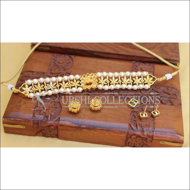 DESIGNER CZ PEARL NECKLACE WITH SCREW BACK EARRINGS UC-NEW2995 - Necklace Set