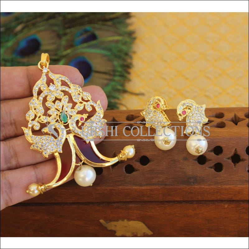 Designer CZ pendant set M393 - green and pink - Pendant Set