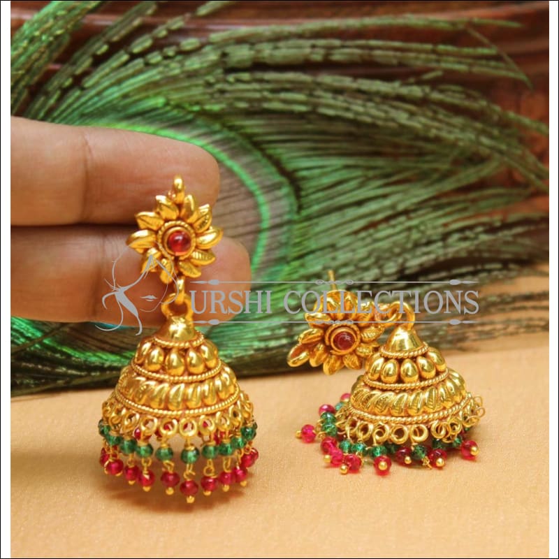 Designer Geru Polish Earrings Set UC-NEW995 - Green and Ruby - Earrings