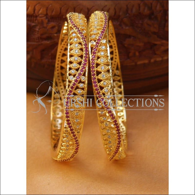 Designer Gold Plated CZ Bangle Set UC-NEW2386 - 2.4 / Ruby&White - Bangles