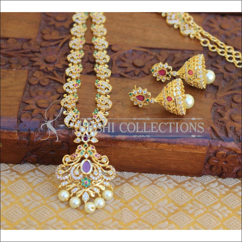 DESIGNER GOLD PLATED CZ LONG NECKLACE SET UTV202 - Necklace Set