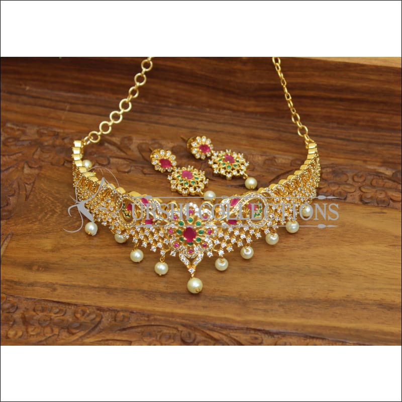 DESIGNER GOLD PLATED CZ NECKLACE SET UTV313 - Necklace Set