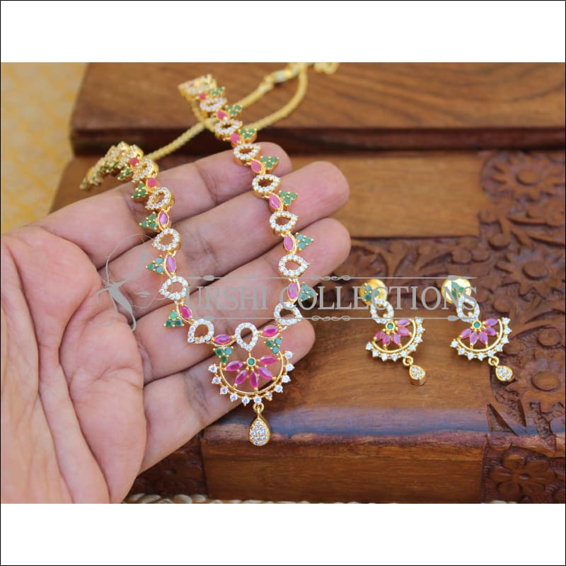 DESIGNER GOLD PLATED CZ NECKLACE SET UTV354 - MULTY - Necklace Set