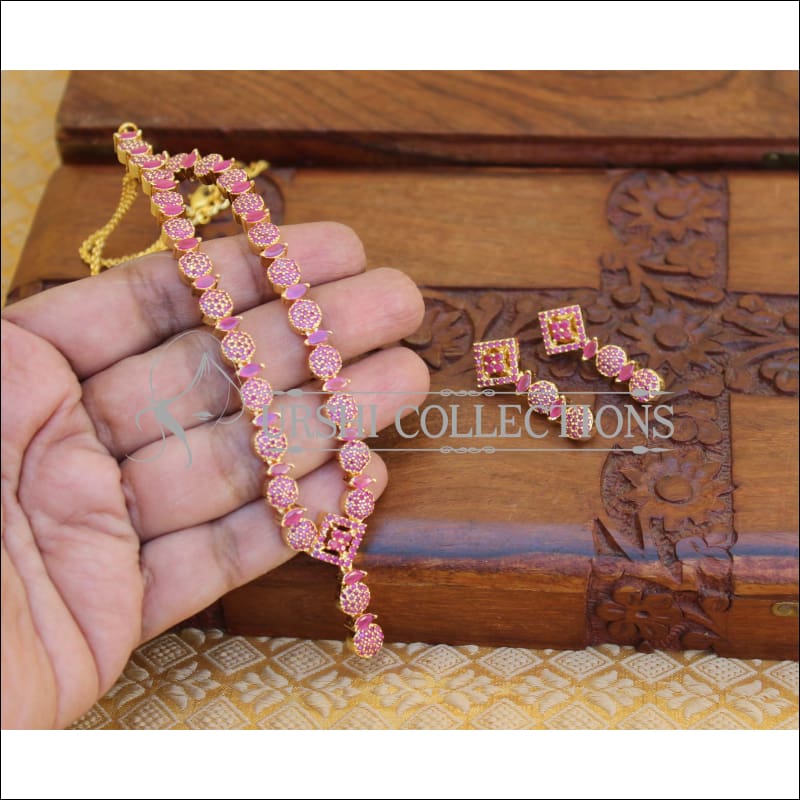 DESIGNER GOLD PLATED CZ NECKLACE SET UTV357 - RUBY - Necklace Set