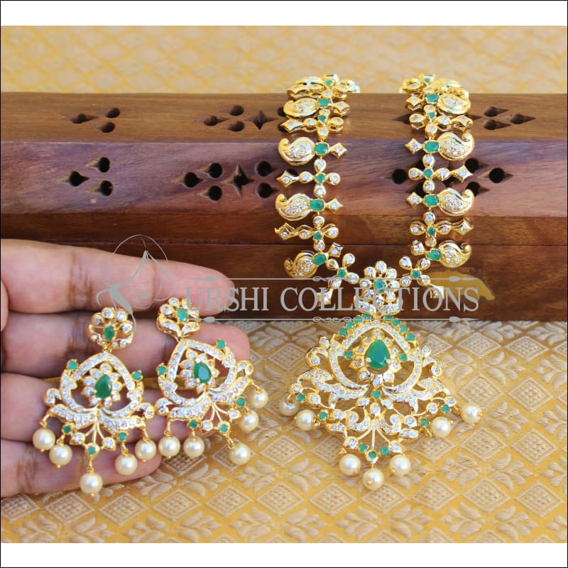 DESIGNER GOLD PLATED CZ NECKLACE SET UTV403 - GREEN - Necklace Set