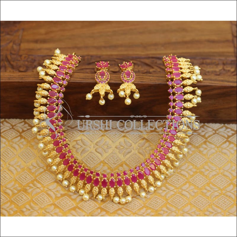 DESIGNER GOLD PLATED CZ NECKLACE SET UTV658 - RUBY - Necklace Set